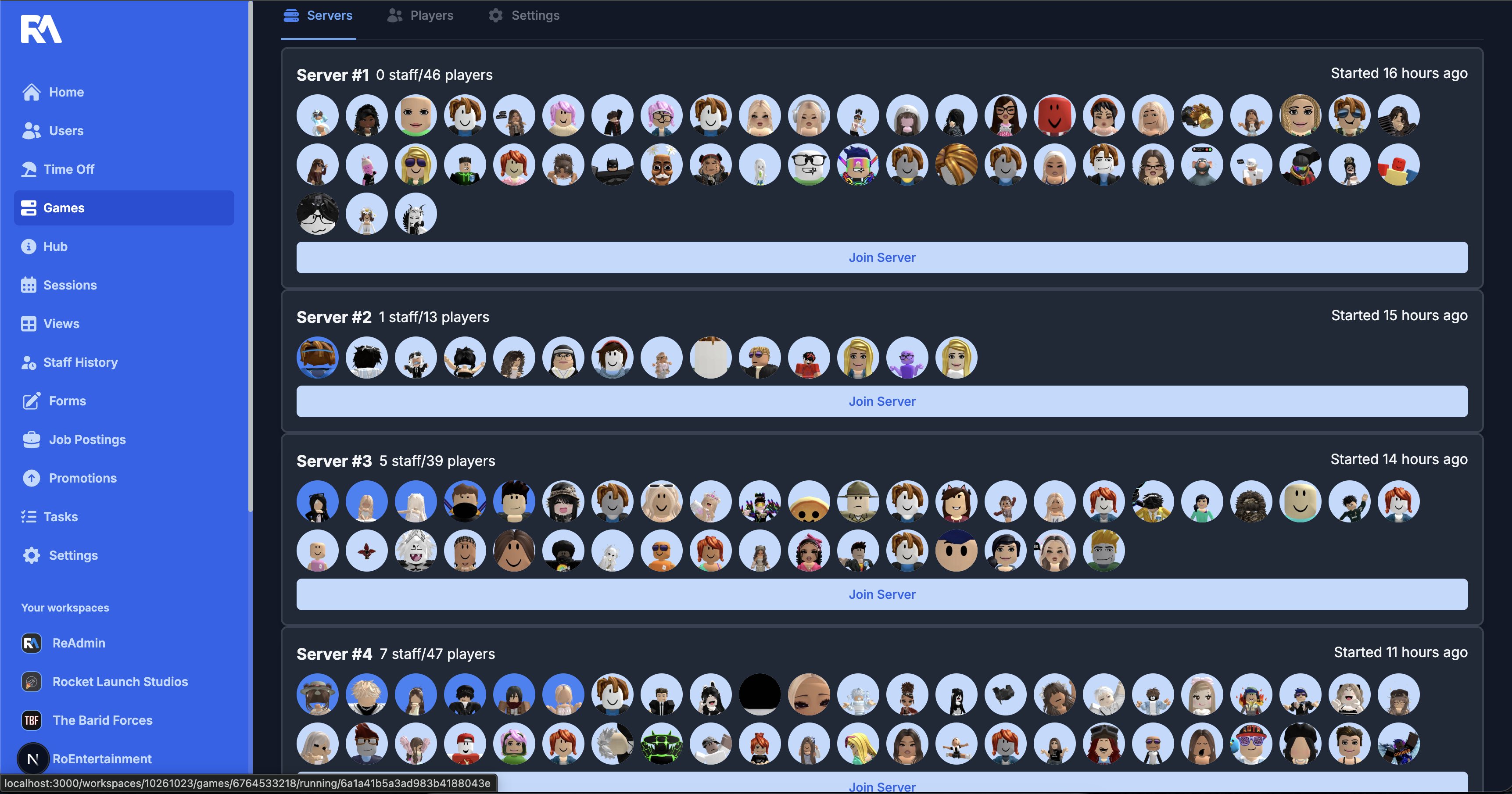 ReAdmin remote admin dashboard showing live game servers