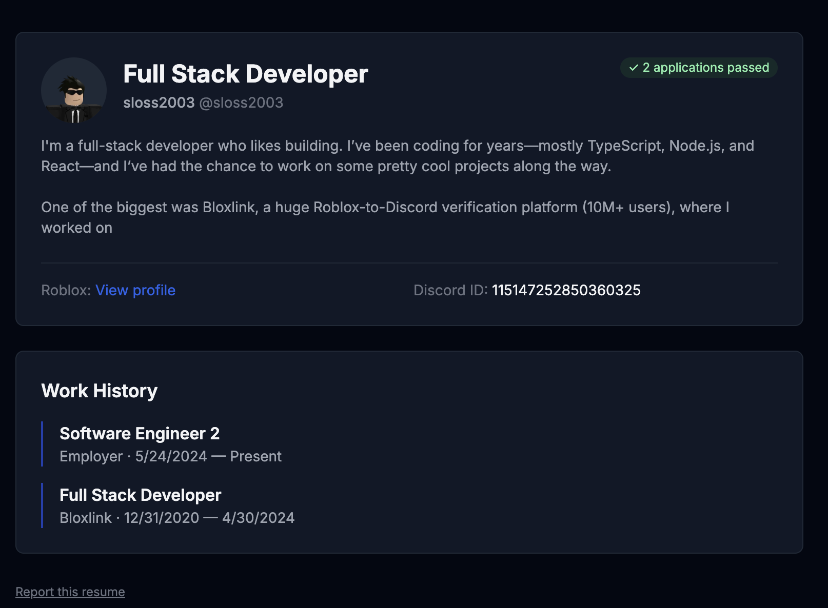A ReAdmin Resume profile page for Roblox staff